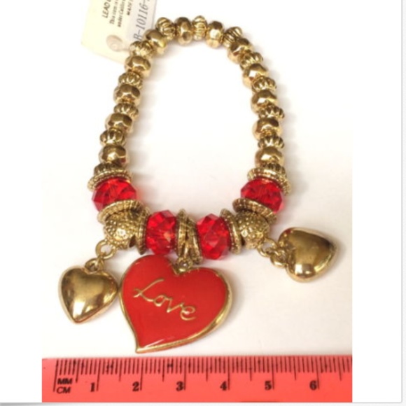 Gold Heart Charm Bracelet Red Enamel LOVE Chunky - Picture 8 of 8